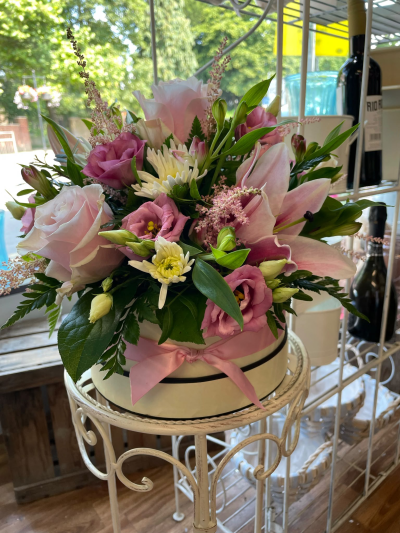 Pink Opulence Hat Box - An elegant pink and white hat box arrangement, perfect for birthdays, anniversaries, congratulations or thank yous, handcrafted by Pursehouse Florist in Cannock.