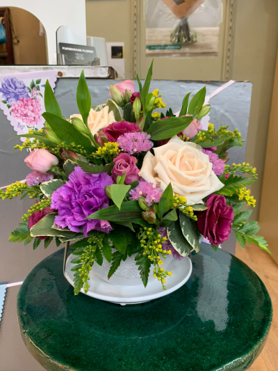 Sweet Sensation Pot - A vibrant pot arrangement filled with pink, purple and cream tones, perfect for birthdays, thank yous or congratulations, handcrafted by Pursehouse Florist in Cannock.