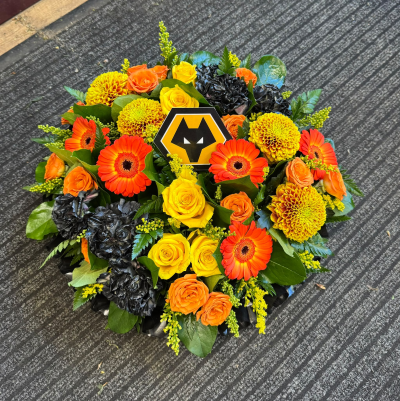 Wolves Posy Tribute - A striking Wolves-themed funeral posy in bold orange, yellow and black, handcrafted by Pursehouse Florist in Cannock for a devoted football fan.