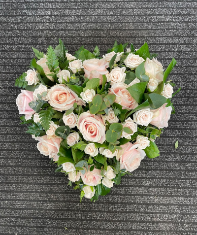 Forever Cherished - A beautifully elegant heart-shaped funeral tribute featuring an abundance of delicate blush pink roses and lush greenery. Its soft, romantic appearance makes it a touching expression of unconditional love, offering a graceful way to remember someone who will remain forever in your heart.
